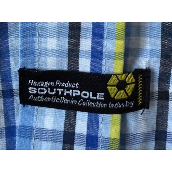 Southpole Mens XL Blue & Yellow Plaid Button-Up Short Sleeve Shirt 100% Cotton - Picture 7 of 8